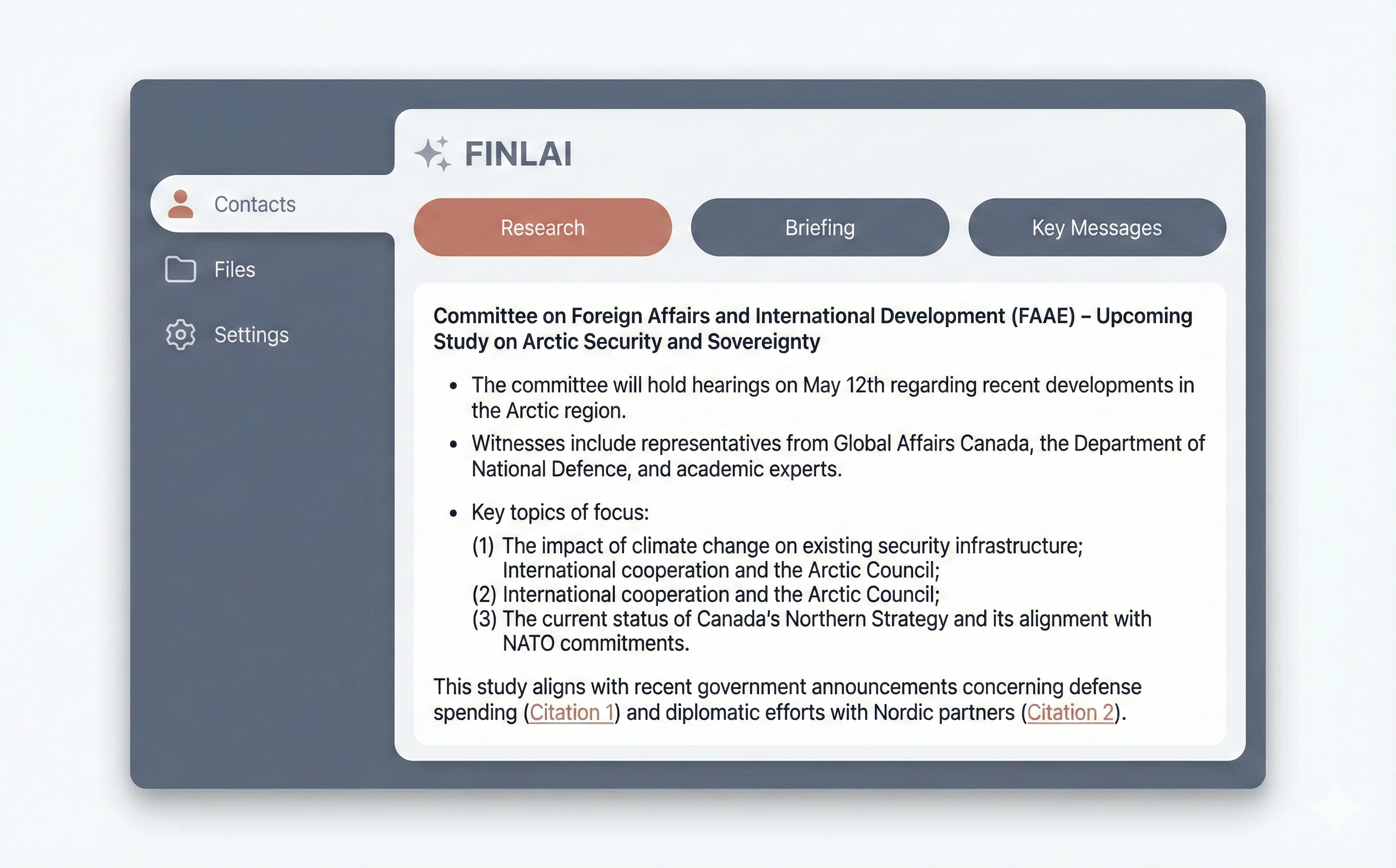 FINLAI AI research agent generating a briefing inside PoliTraQ